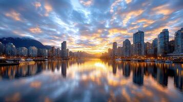 The city skyline is reflected in the water at sunset photo