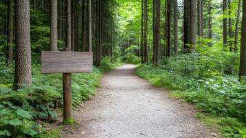 A path in the forest with a sign photo