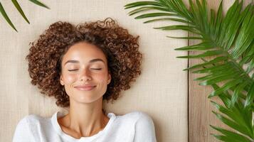 A woman with curly hair is smiling while laying on a towel photo