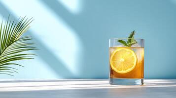 A glass of lemonade with a mint leaf on the side photo