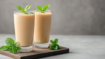 Two glasses of smoothie with mint leaves on a wooden tray photo