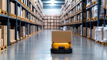 A robot is moving through a warehouse with boxes photo
