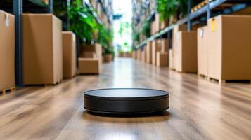 A robot is sitting on the floor in a warehouse photo