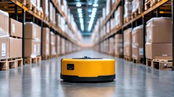 A yellow robot is standing in a warehouse photo