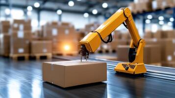A robotic arm is moving a box on a conveyor belt photo