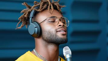 A man with dreadlocks singing into a microphone photo