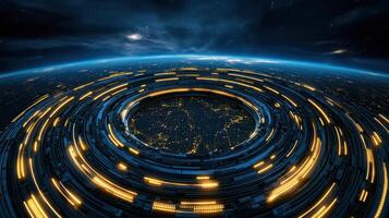 A futuristic earth with a circular structure in the background photo