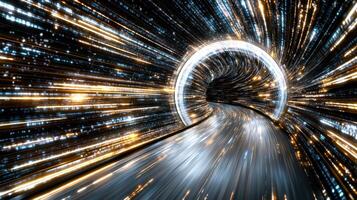 A tunnel with lights and a car driving through it photo