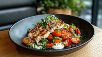 Grilled fish with tomatoes and herbs on a black bowl photo