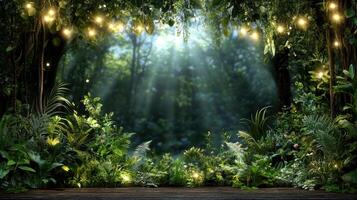 magical forest scene with lush greenery and soft glowing lights photo