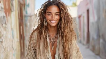 model in bohemian inspired outfit walking gracefully in vibrant setting photo