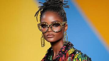 A model wearing colorful glasses and a colorful dress photo