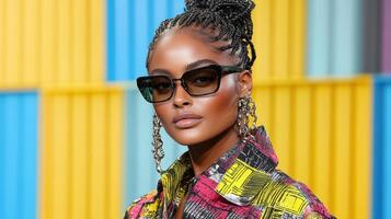 A woman with braids and sunglasses in front of colorful wall photo