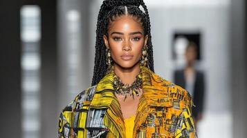 A model walks down the runway wearing a yellow and black jacket photo