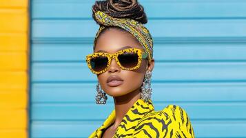 A woman wearing sunglasses and a yellow zebra print jacket photo