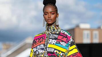 A model wears a colorful shirt and earrings photo