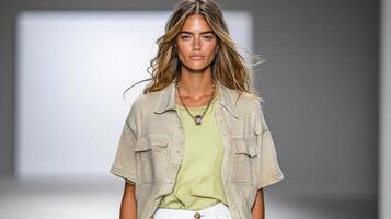 A model walks down the runway wearing a white shirt and shorts photo