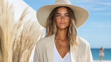 A woman wearing a hat and a white shirt on the beach photo