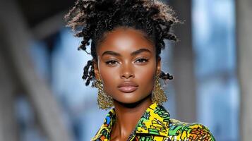 A model with afro hair and earrings on the runway photo