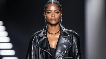 A model walks the runway wearing a black leather jacket photo