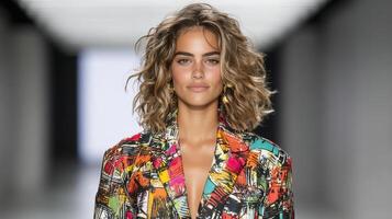 Model showcasing vibrant graphic print outfit on runway photo