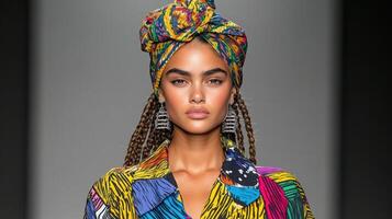 Bold graphic print outfit showcased by model with vibrant headwear photo