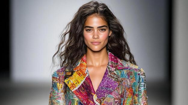 model showcasing vibrant, colorful patterned outfit on runway photo
