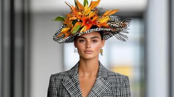 model wearing stylish hat adorned with vibrant flowers and leaves photo