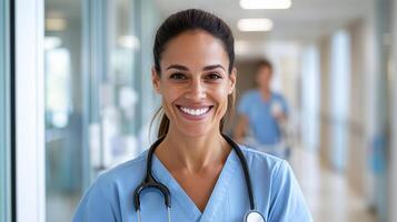 Caring nurse smiling in hospital corridor, providing support to patients photo