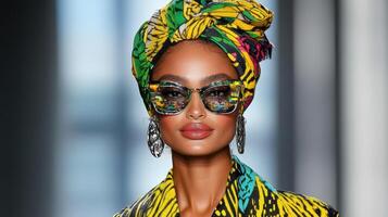 Bold makeup, striking outfit, and vibrant headscarf create stunning look photo