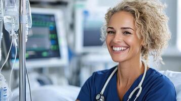 smiling nurse in scrubs providing care in hospital setting photo