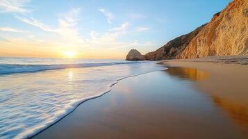 tranquil beach scene at dawn with gentle waves and colorful sky photo