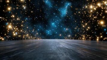 An empty room with a wooden floor and stars in the sky photo