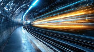 A subway train moving through a tunnel with light trails photo