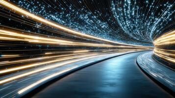 A long tunnel with lights and light trails photo