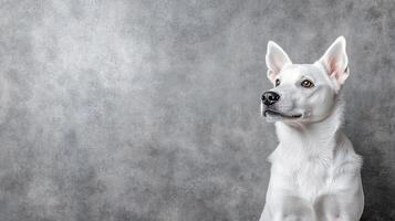 A white dog sitting on a gray background photo