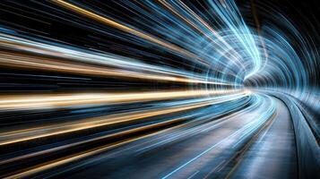 A tunnel with light trails and a car driving through it photo