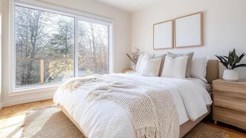 A clean bedroom with a bed, window and a rug photo