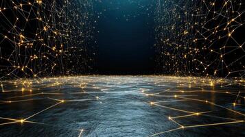 Abstract network background with golden lines and light photo