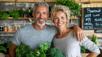 A man and woman are standing in front of a shelf of vegetables photo