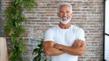 A man with a white beard and a white t - shirt standing in front of a brick wall photo