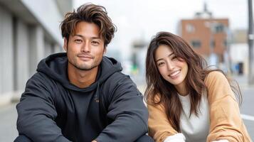 A young couple sitting on the ground smiling photo