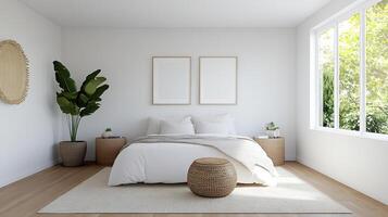 A clean white bedroom with a bed, two pictures and a plant photo