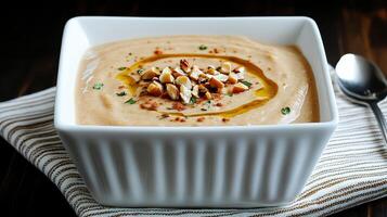 A bowl of soup with nuts and a spoon photo