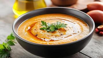 A bowl of soup with carrots and parsley photo