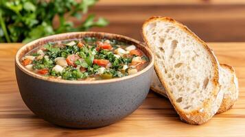 A bowl of soup with bread on a wooden table photo