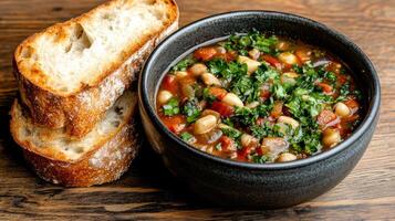 Chickpea and bean soup with bread photo
