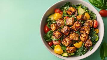 A bowl of salad with tofu, tomatoes and spinach photo