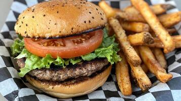 A hamburger and french fries are shown on a checkered paper photo