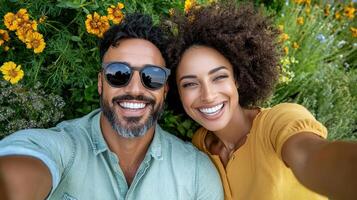 A man and woman taking a selfie in front of flowers photo
